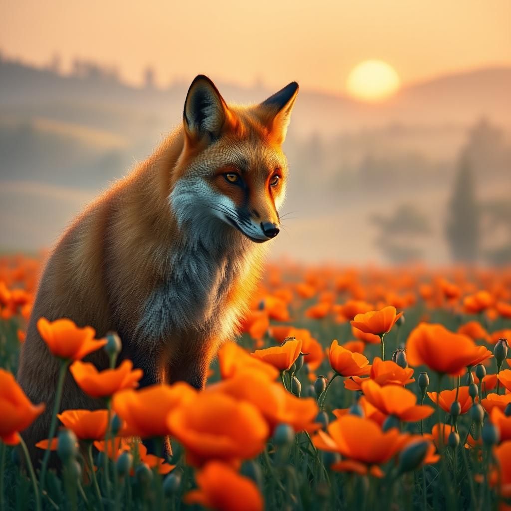 Majestic Red Fox in Poppy Field, Hyperrealistic