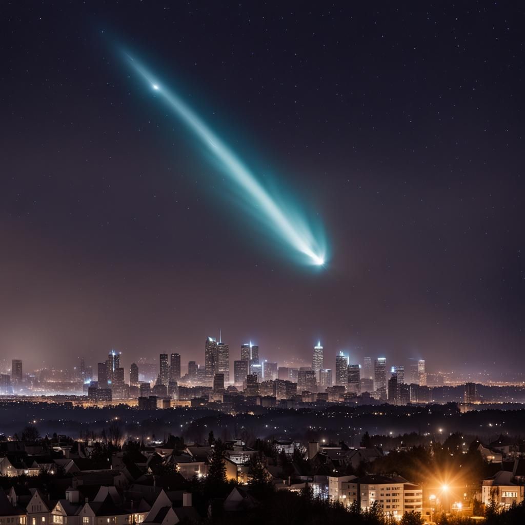 Comet's Bright Tail Over City Lights