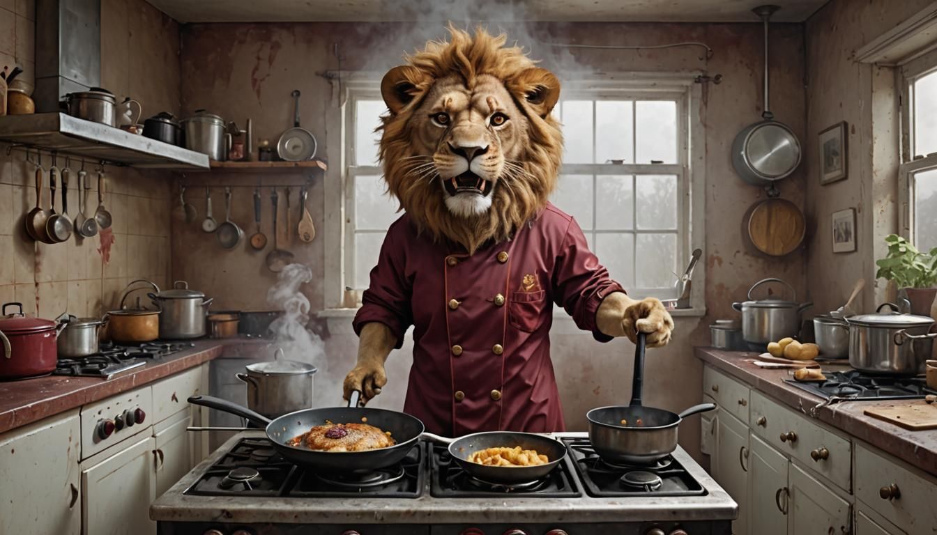 Hyperrealistic Lion Caricature in Burgundy Pyjamas