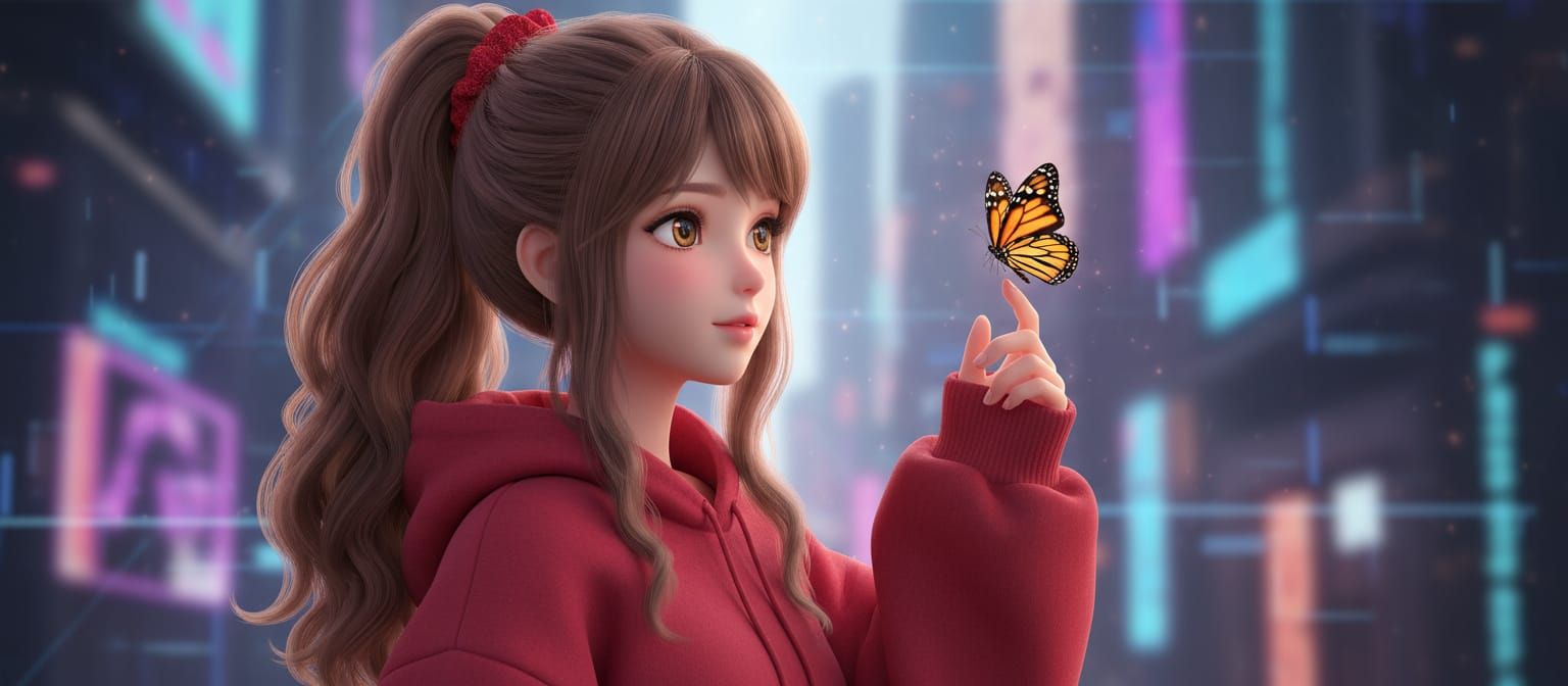 Anime Girl Admiring Butterfly in Cyberpunk City