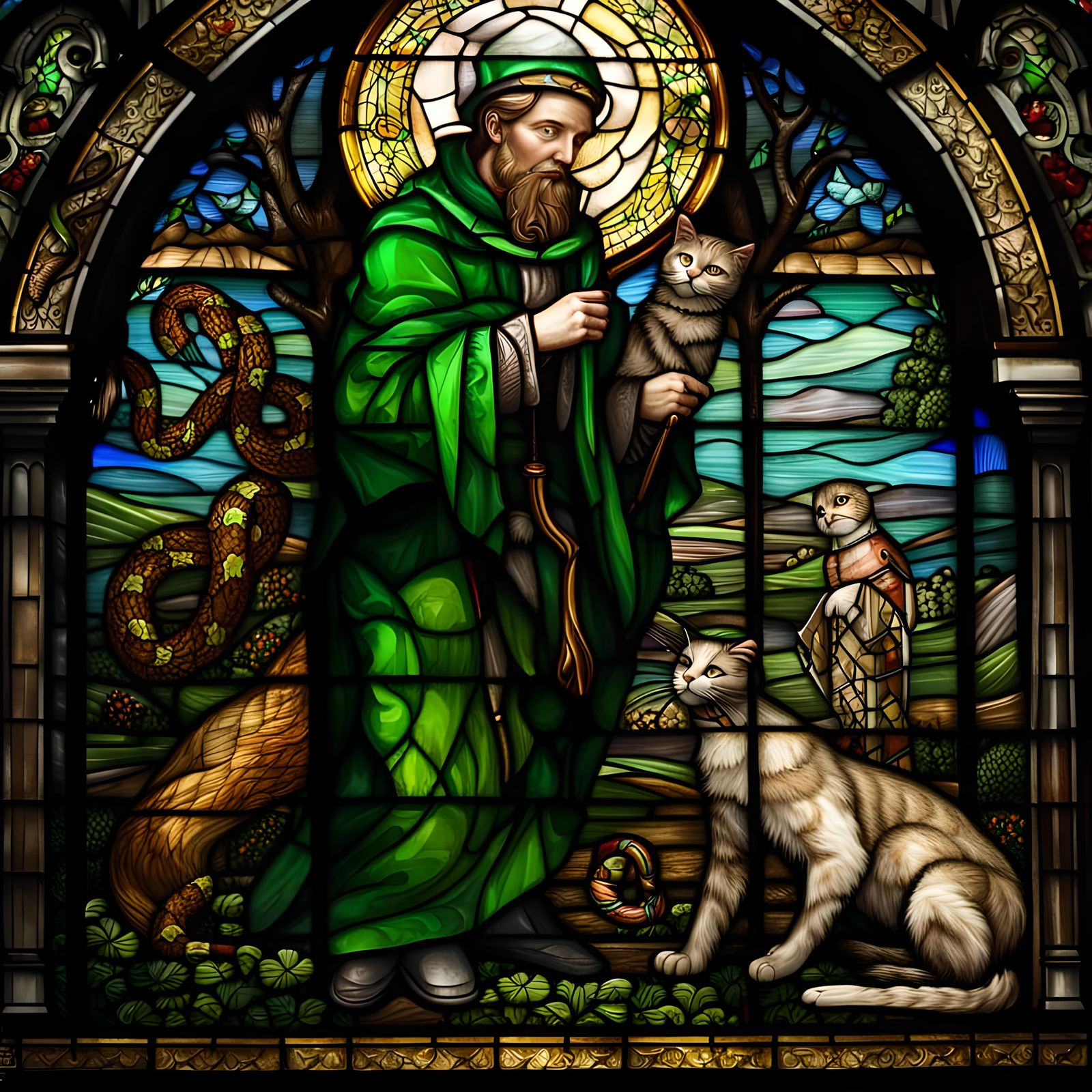 St. Patrick with Cat in Stained Glass