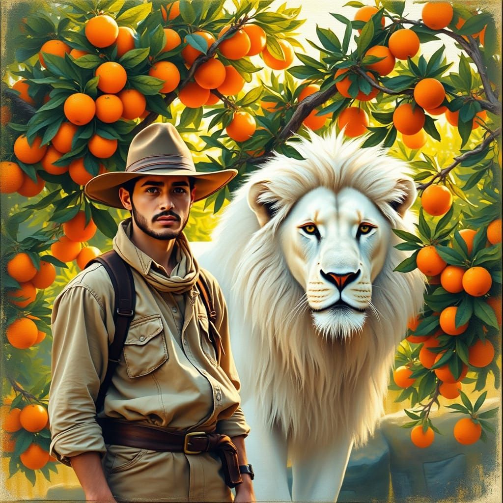 Majestic White Lion in Vibrant Orange Grove