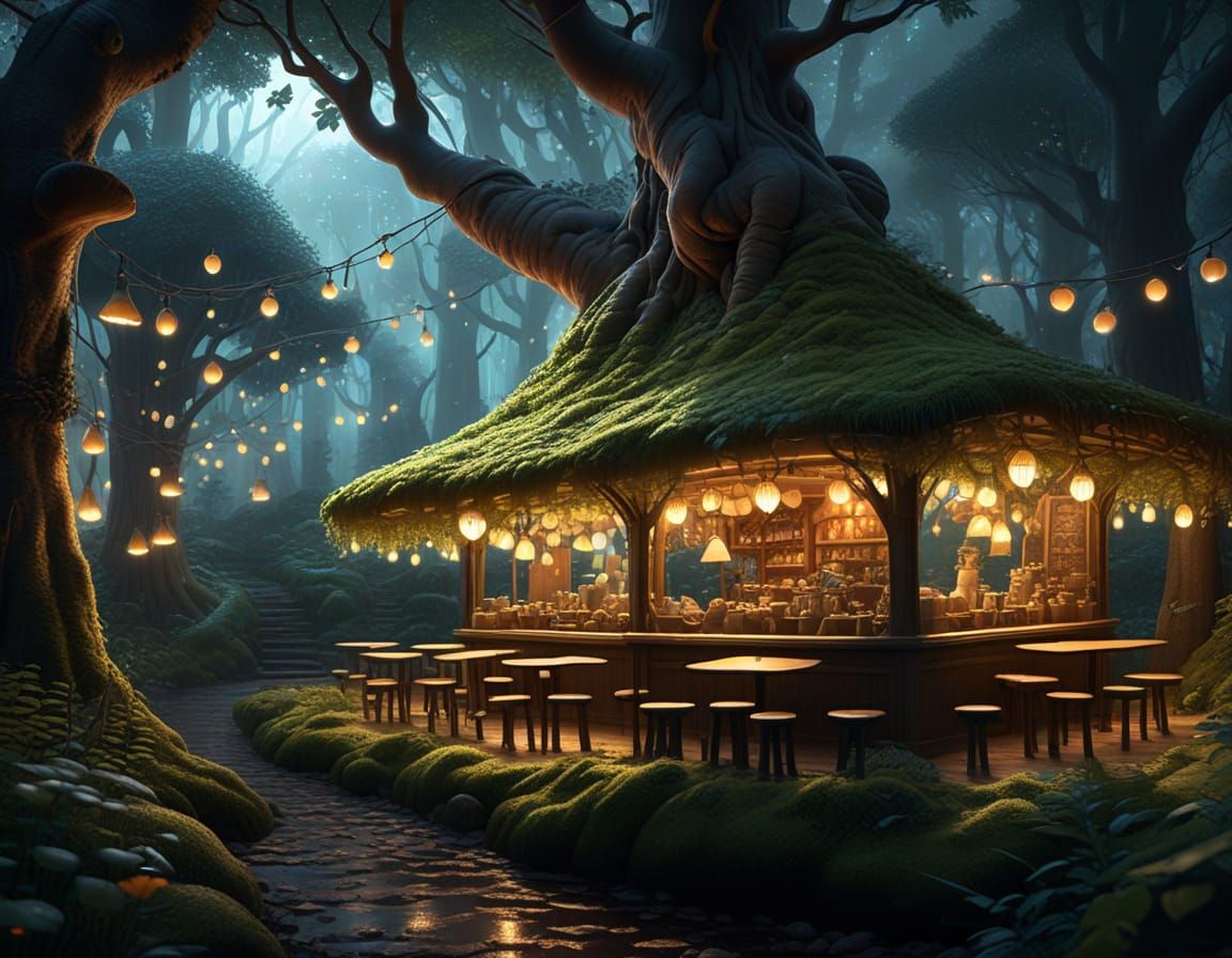 Magical Night Cafe in Enchanted Forest
