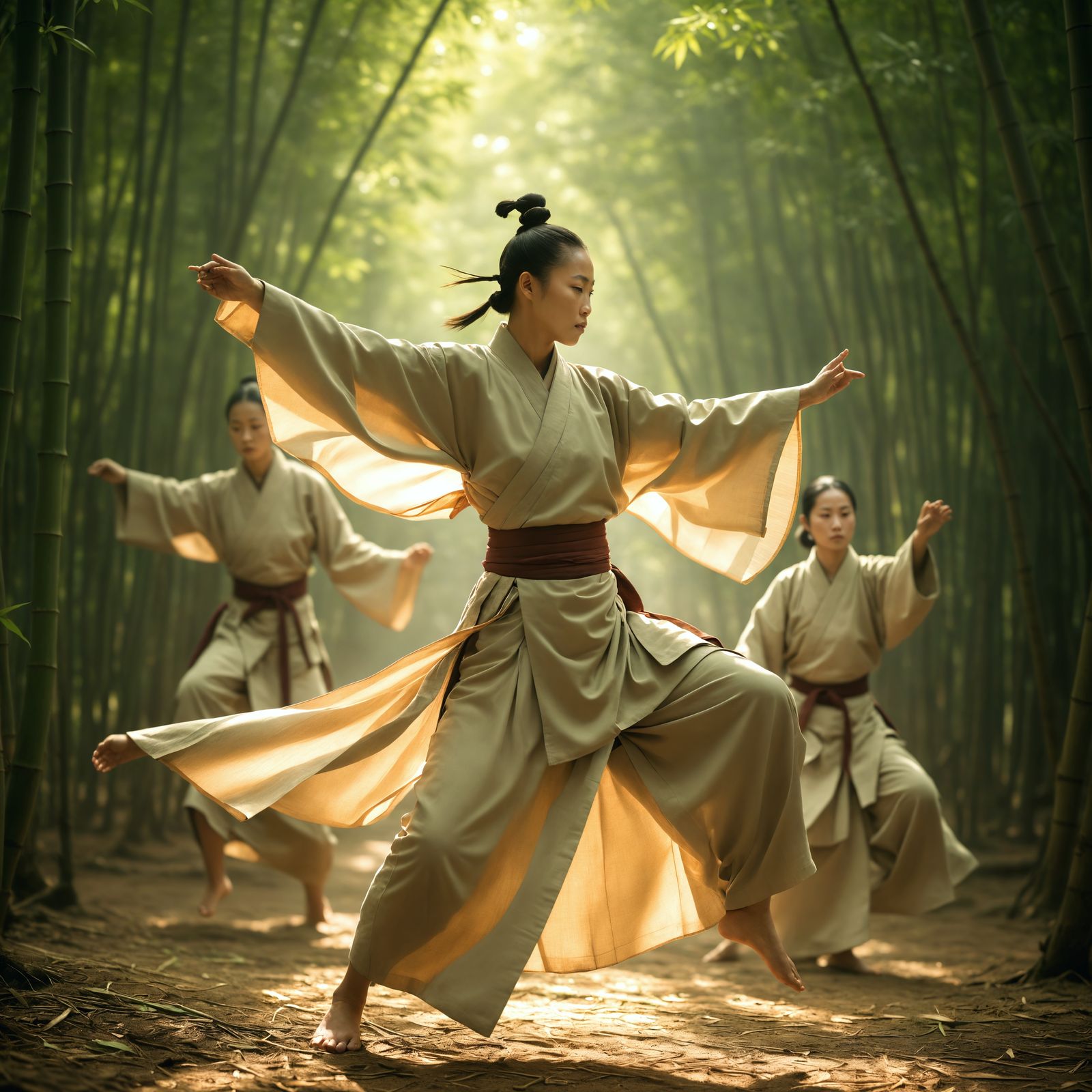 Martial Arts Practice in Bamboo Forest, Wuxia Style