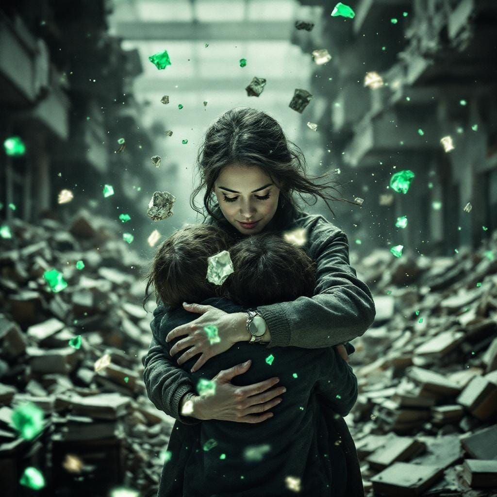 Teacher Shielding Children During Earthquake with Emerald Cr...