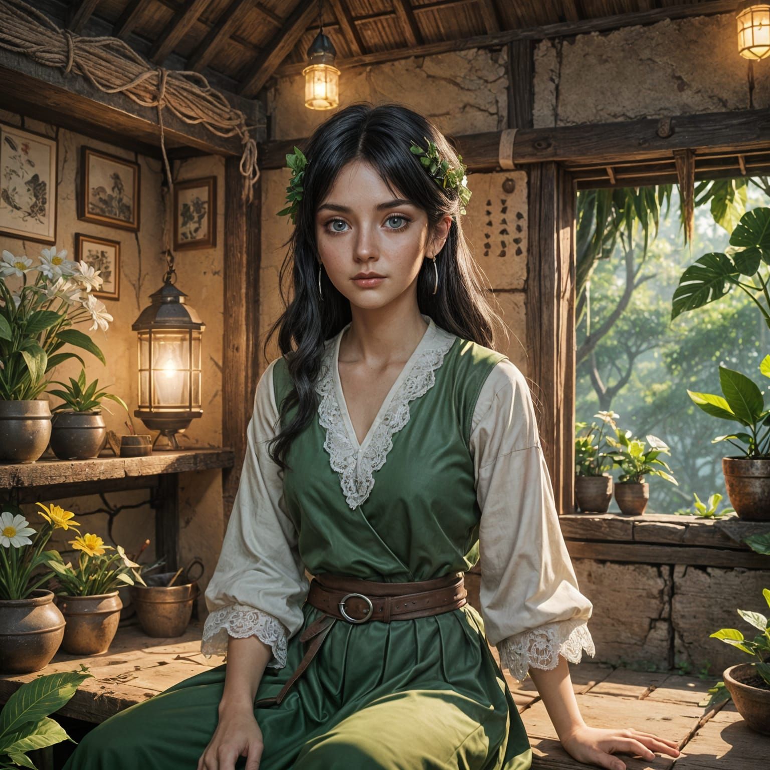 Young Woman in Cozy Rock Hut