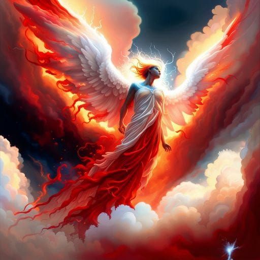 Fallen Angel in Burning Sky with Red Lightning