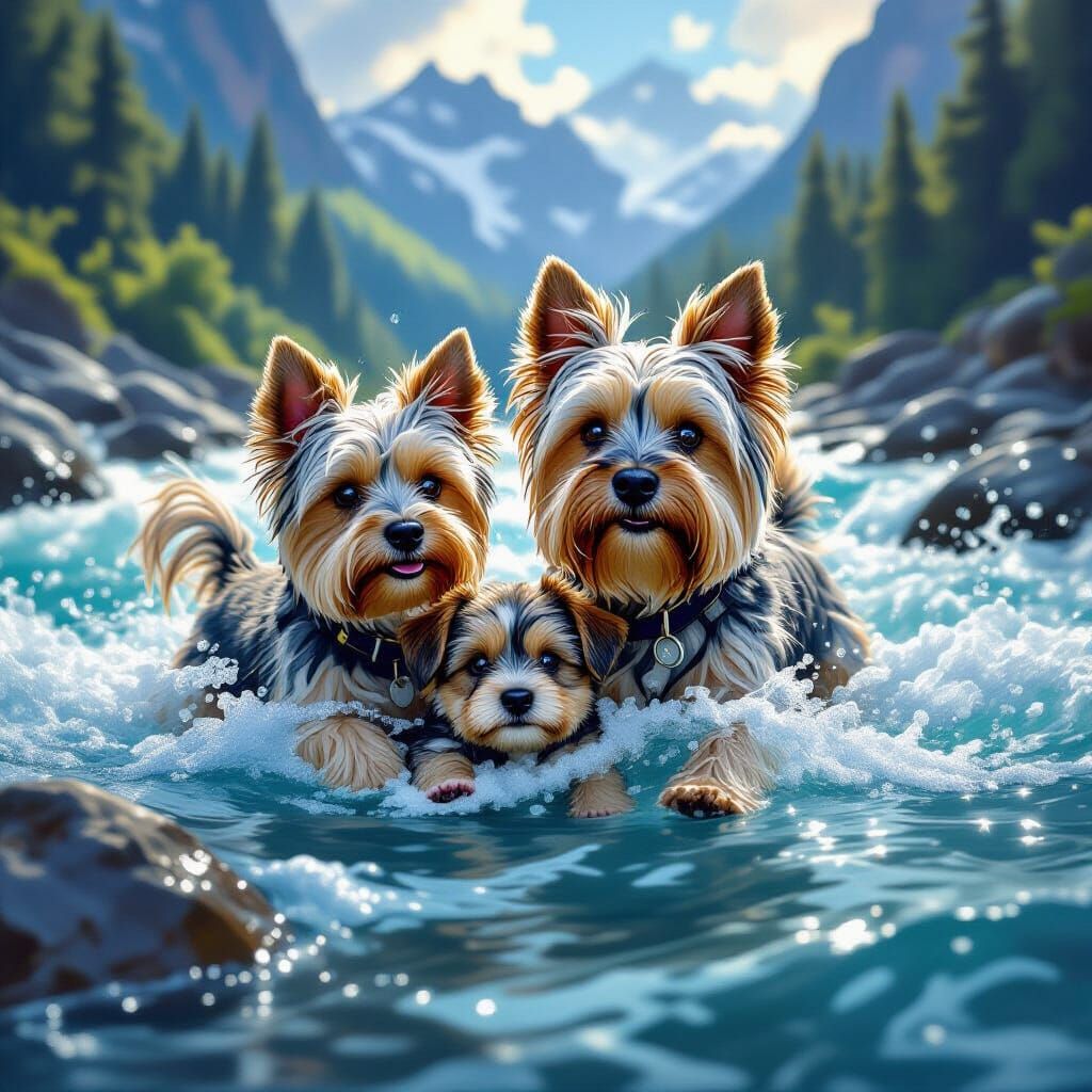 Yorkshire Terriers Brave Turbulent River in Digital Painting