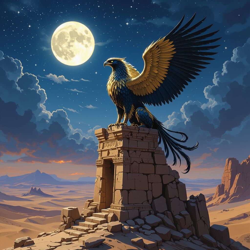 Majestic Griffin Over Starlit Desert Ruins