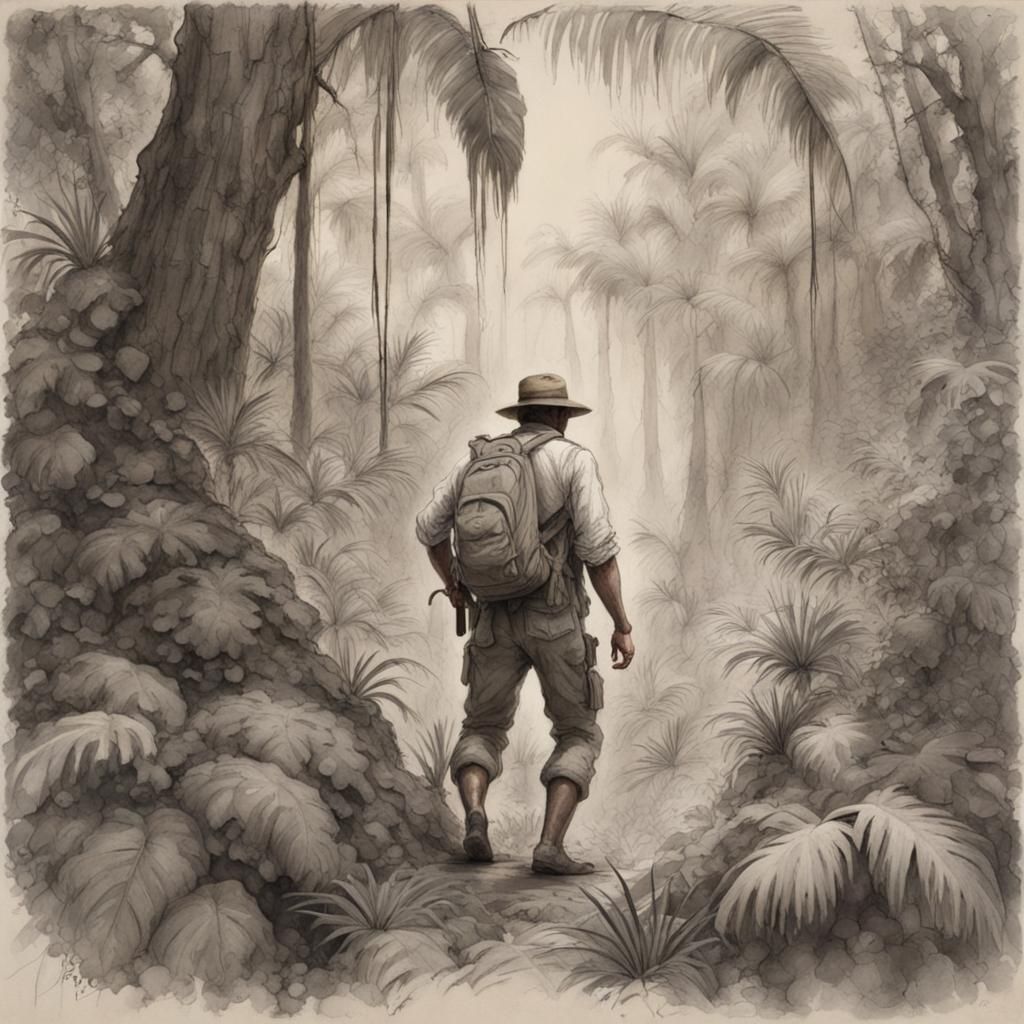 Jungle Explorer in Pencil Wash Style