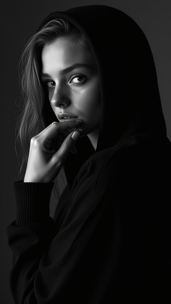 Atmospheric Black and White Portrait of a Young Woman