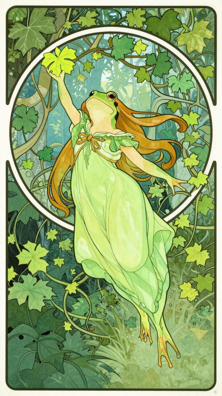 Art Nouveau Frog Princess Transformation in Dreamy Jungle