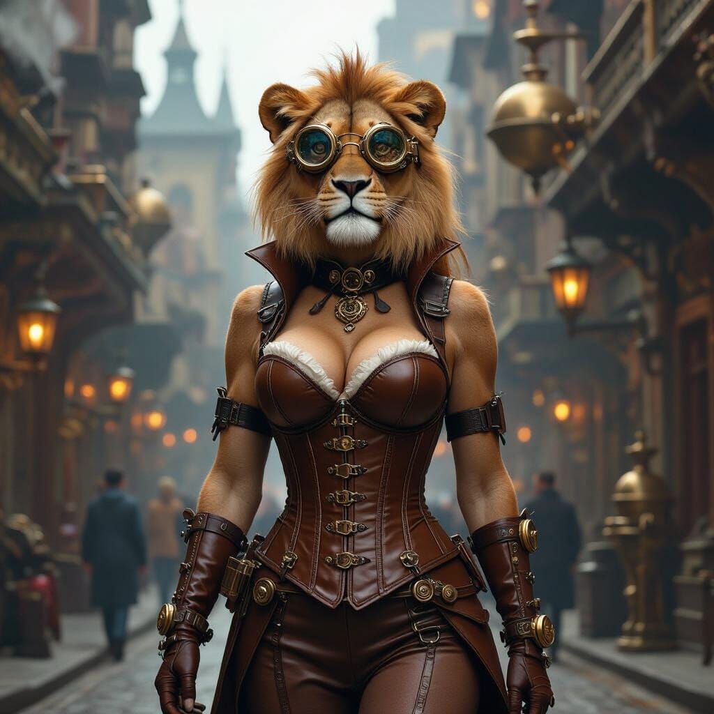 Steampunk Lioness Striding Through Victorian Metropolis