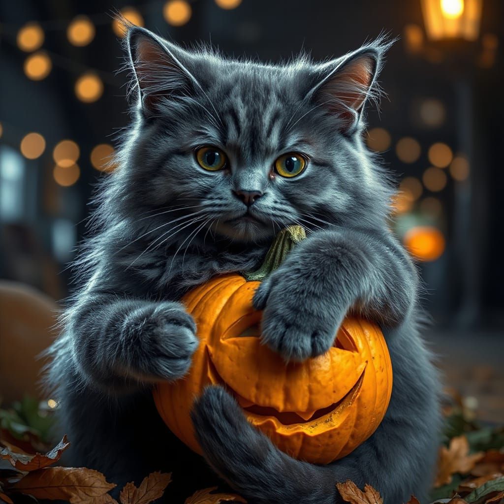 Anthropomorphic Cat Hugs Halloween Pumpkin Under Cozy Night ...