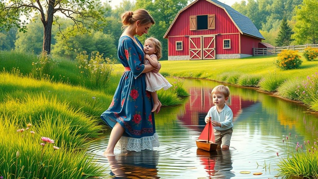 Mother's Love in a Peaceful Stream Scene