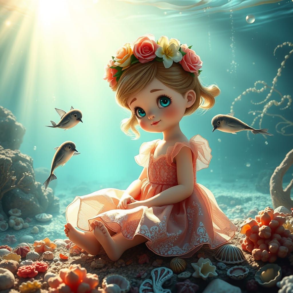 Enchanted Underwater World with Happy Girl and Sea Creatures