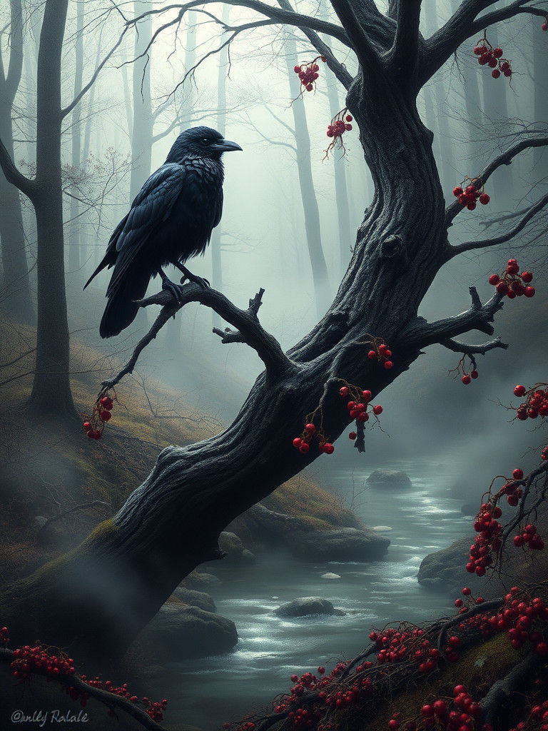 Mystical Forest Bird with Blackthorn Berries