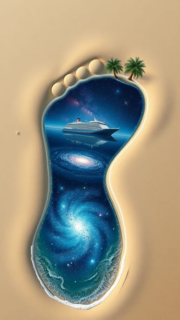 Hyperrealistic Beach Scene with Giant Footprint and Ocean Li...