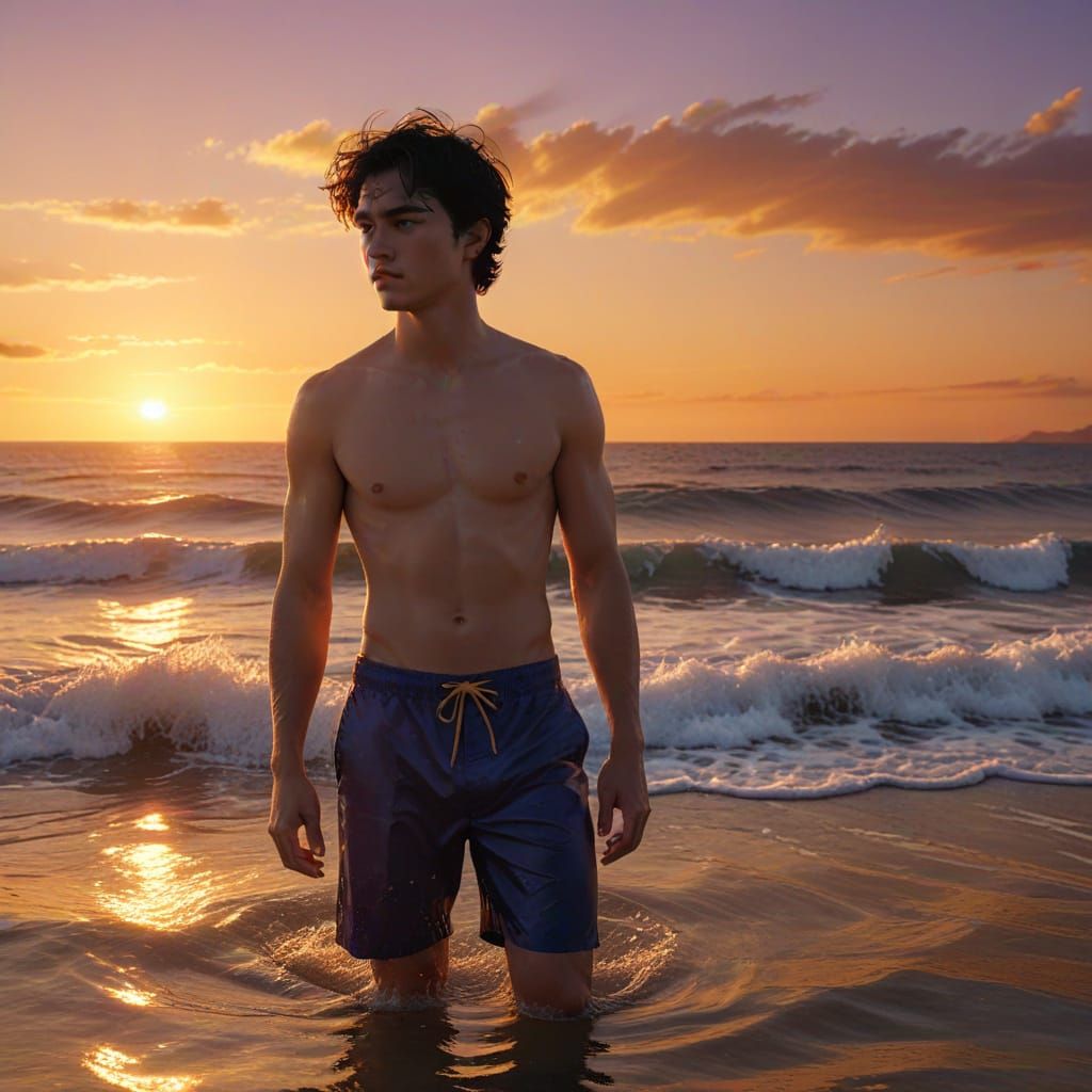 Teenage Boy at Ocean Sunset in Photorealistic Style