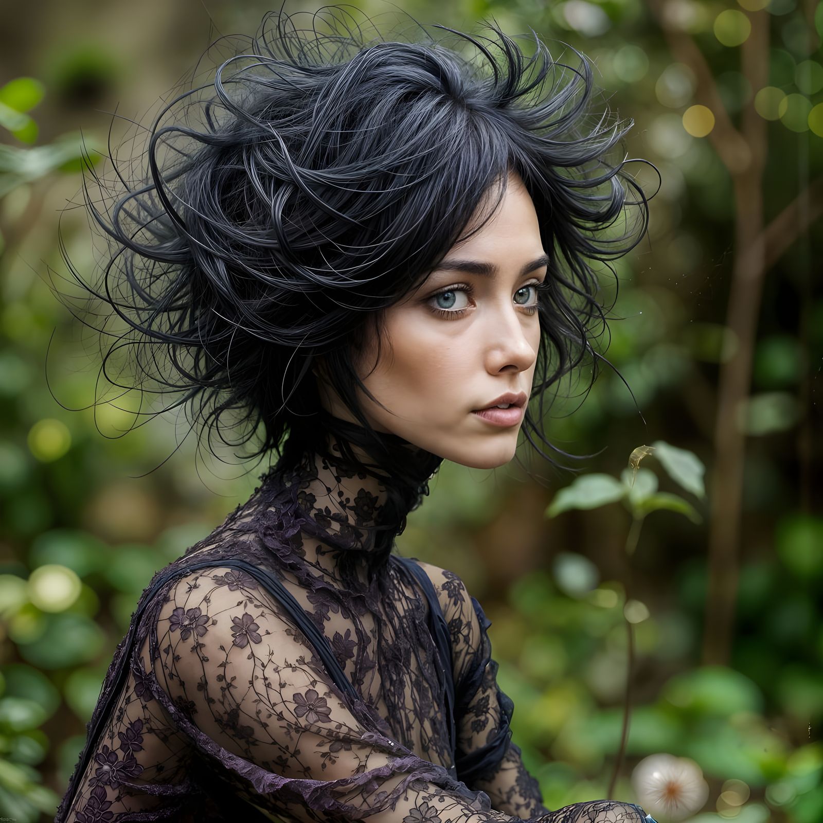 Woman Meditating in Japanese Garden with Static Hair