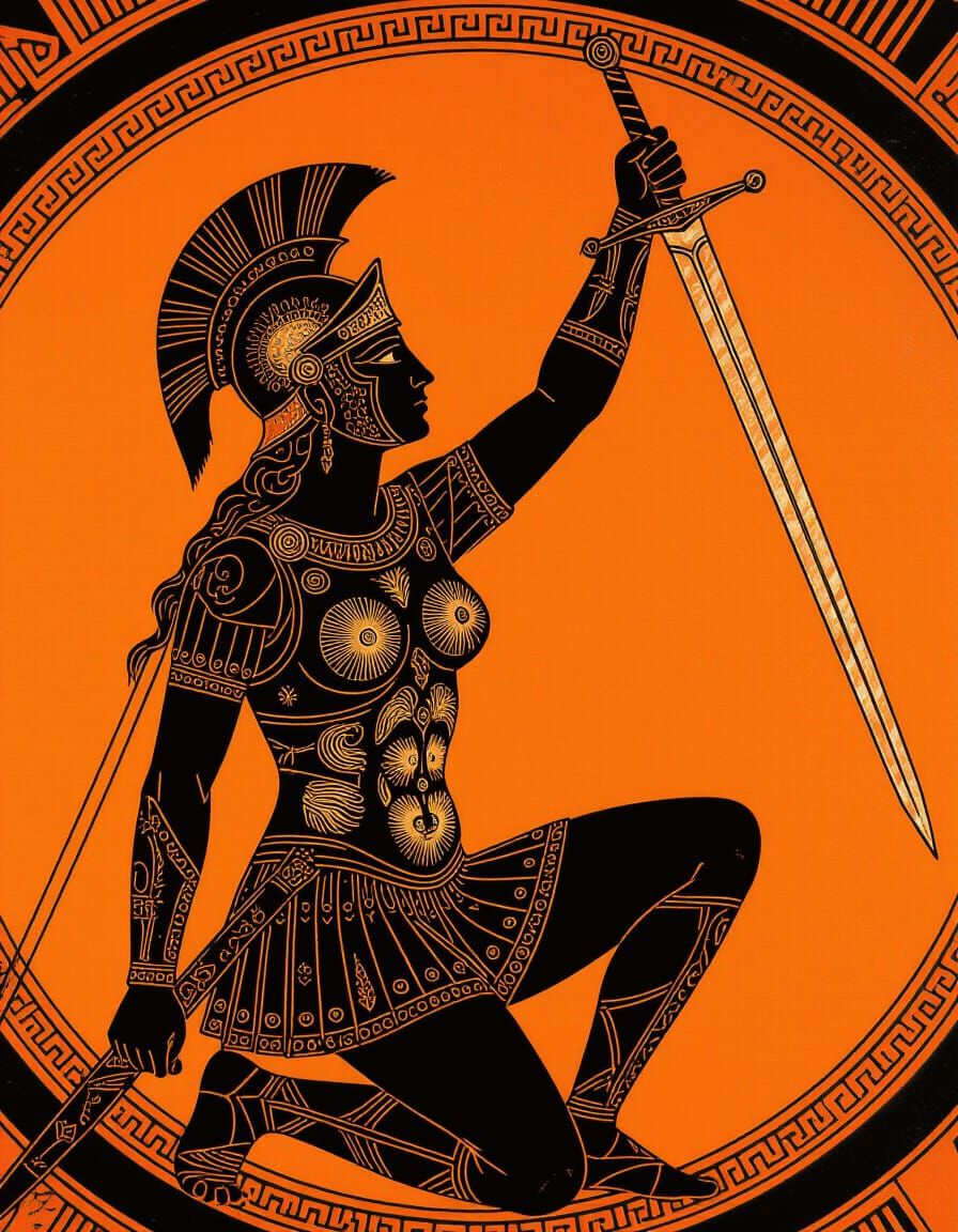 Ancient Greek Pottery: Armored Knight with Sword