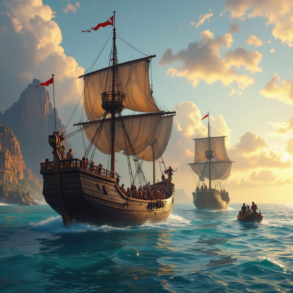 Phoenician Ships Flee Sinking Lemuria in Epic Matte Painting