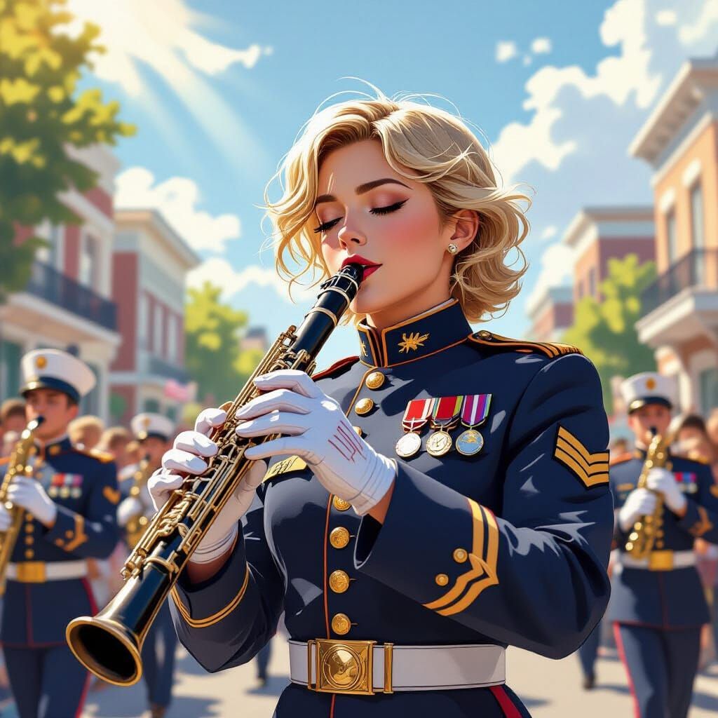 Clarinet Player in Detailed Marching Band Uniform