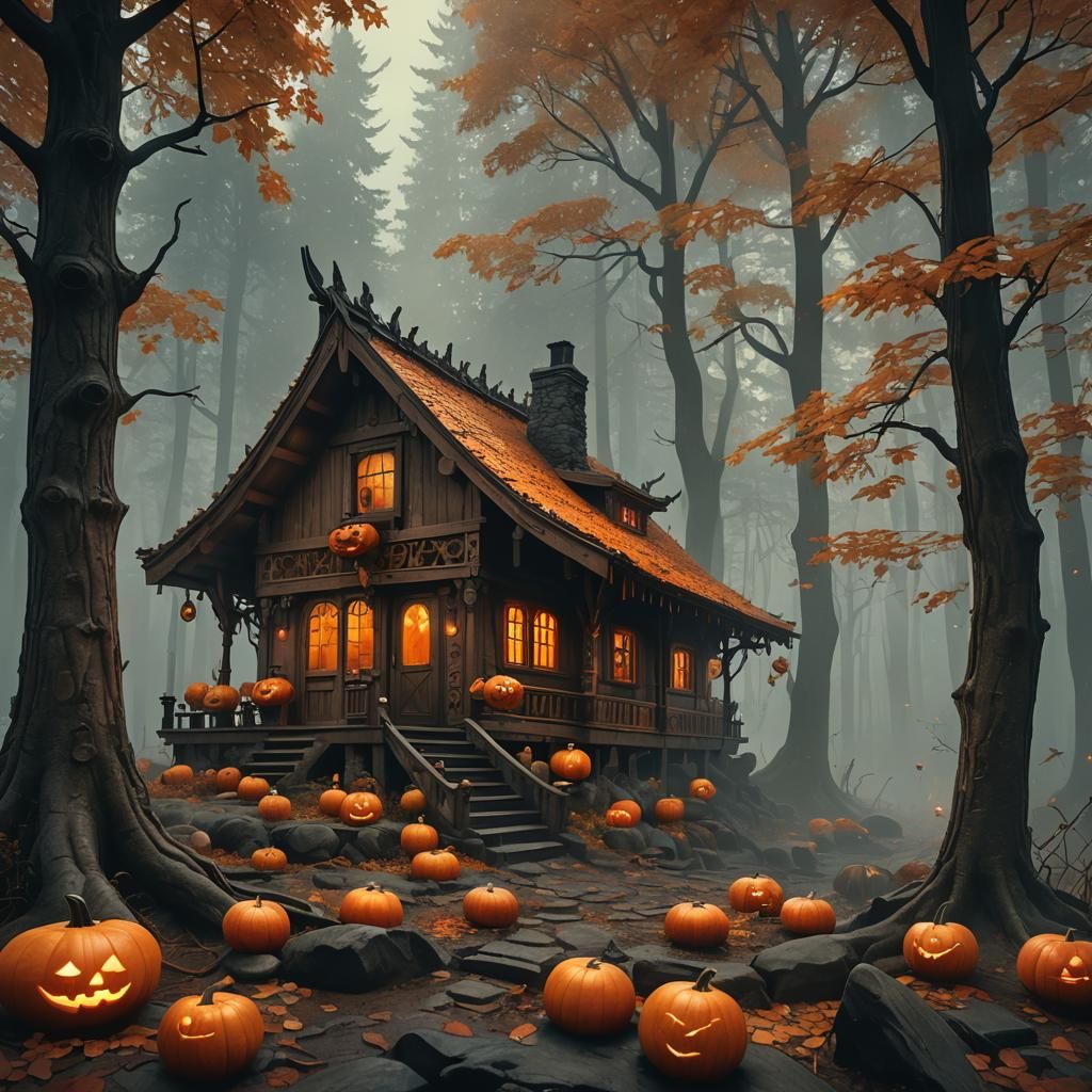 Misty Forest Cabin in Dark Fantasy Art Nouveau Style