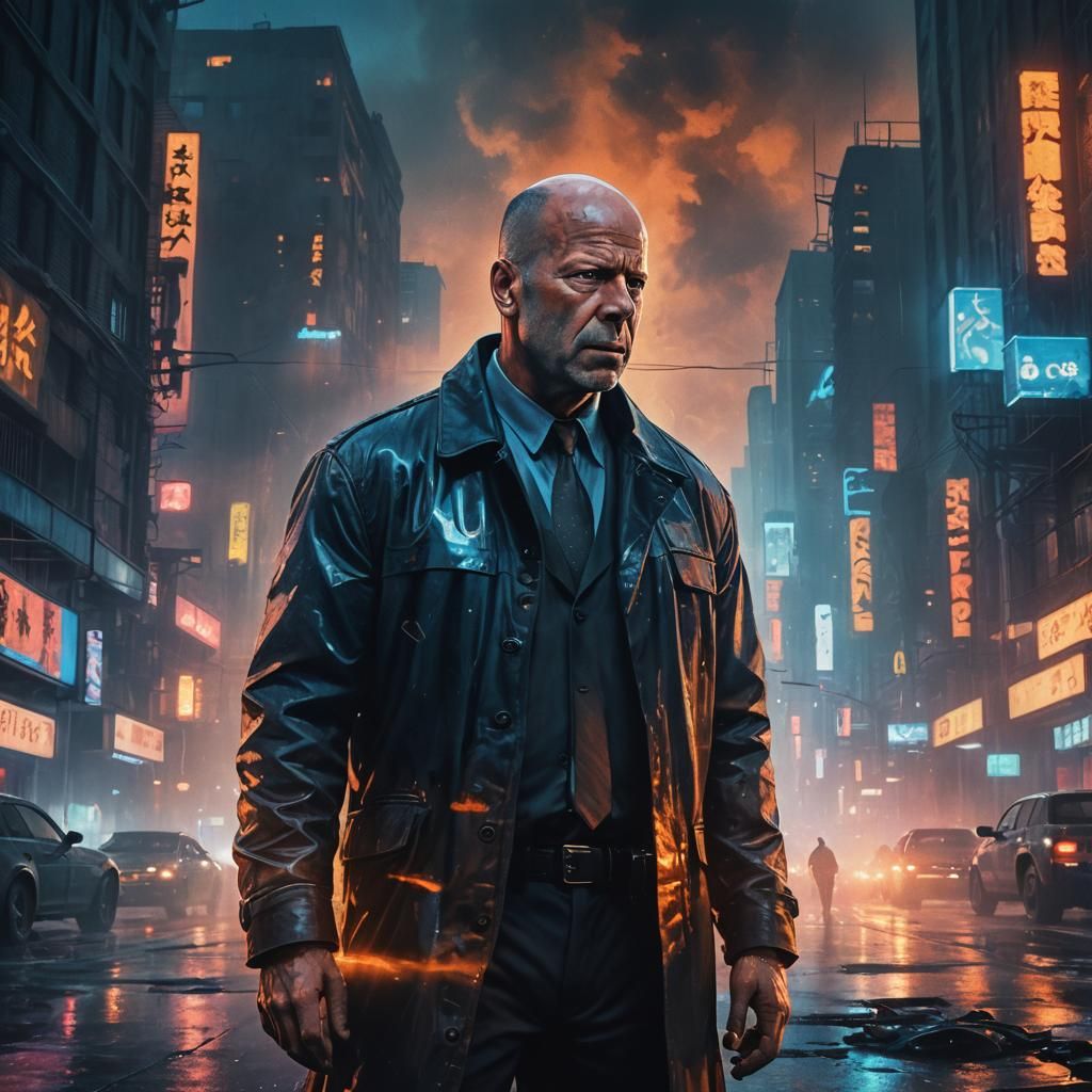 Gritty Detective in Cyberpunk Dystopian Cityscape