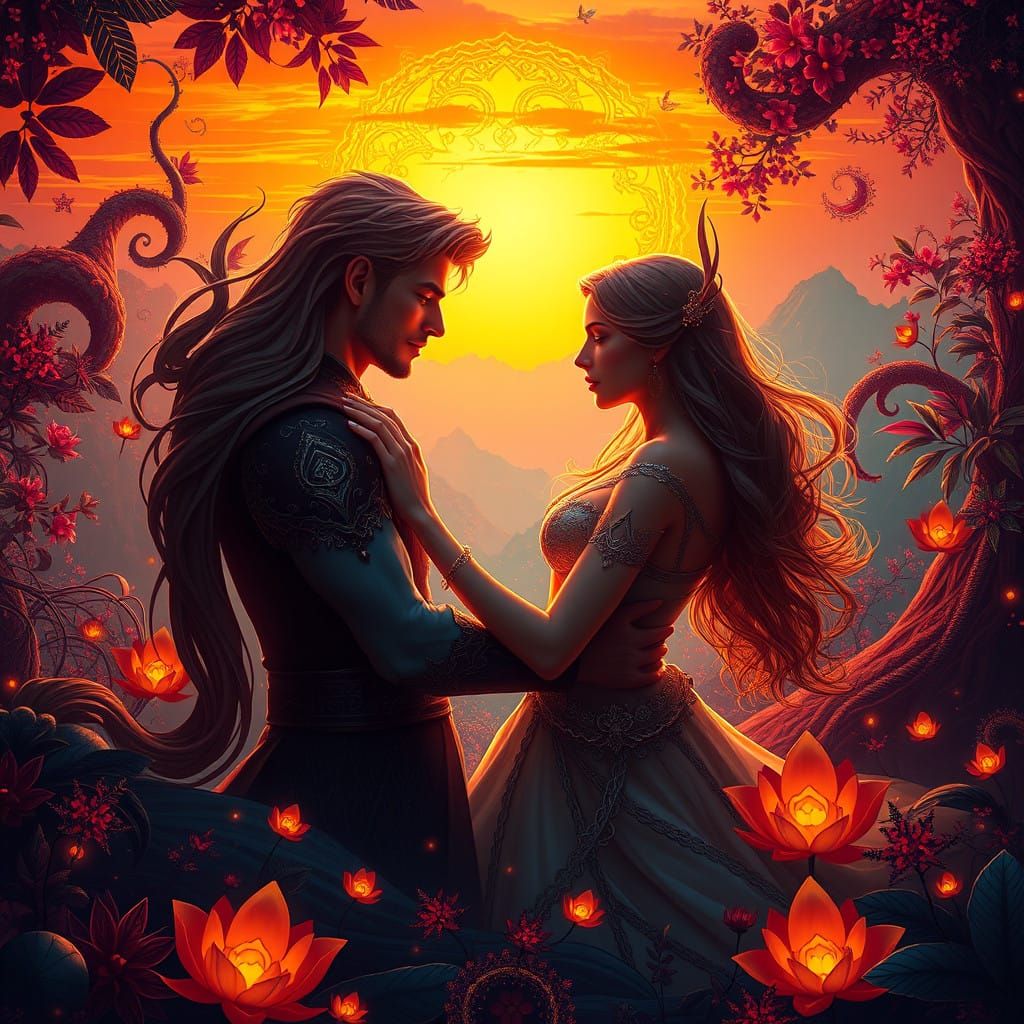 Ethereal Sunset Lovers in Vibrant Fantasy Landscapes
