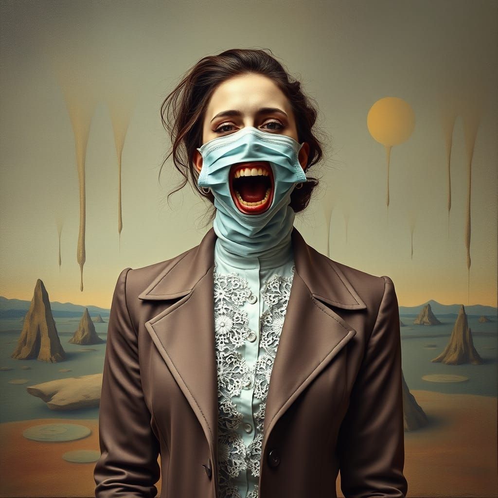 Surreal Horror: Woman's Horrific Smile in Dreamscape