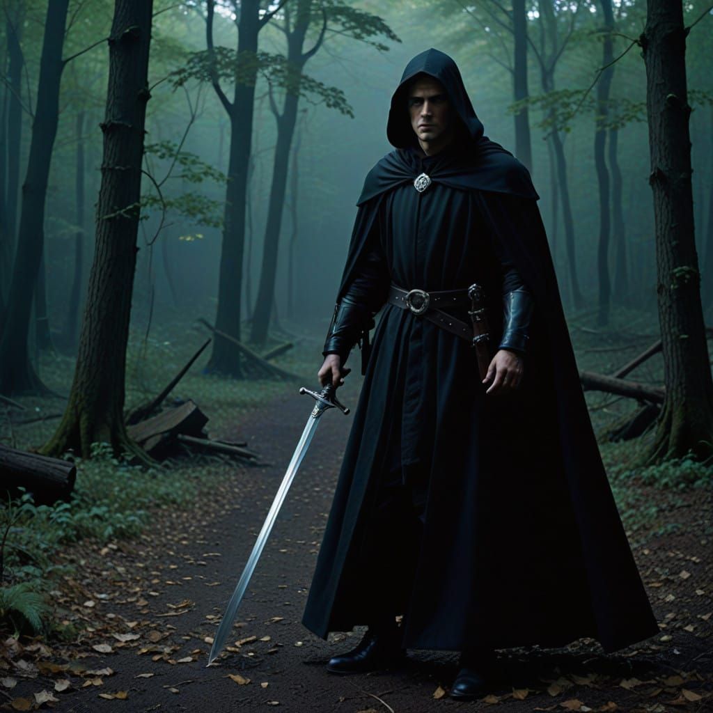 Heroic Corwin in Black and Silver Attire, with Electric Blue...