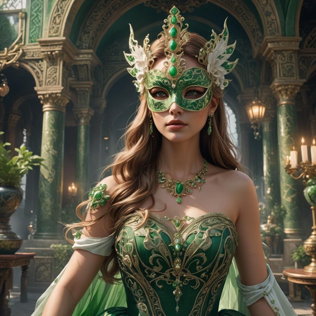 Girl in Jade Mask and Gown: Fantasy Art