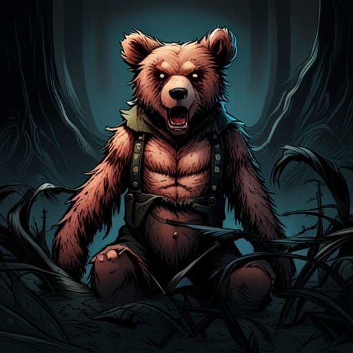 Horror Teddy Bear in Gothic Comic Book Art