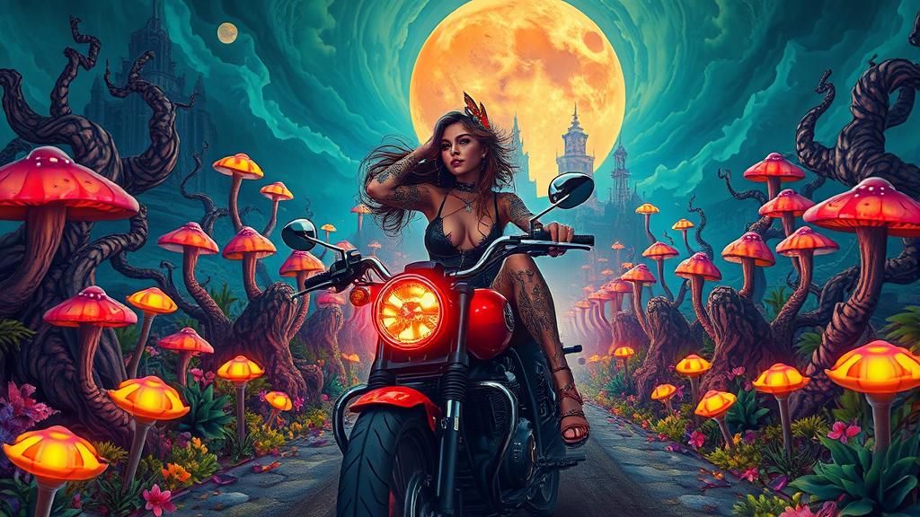 Fantasy Rockstar Rides Motorcycle in Surreal Landscape