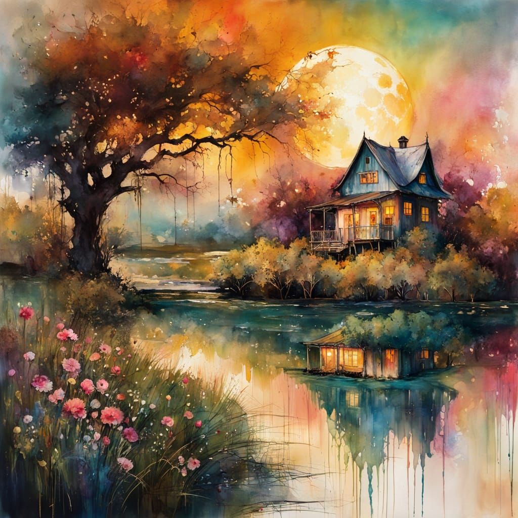 Garden with cottage in spring