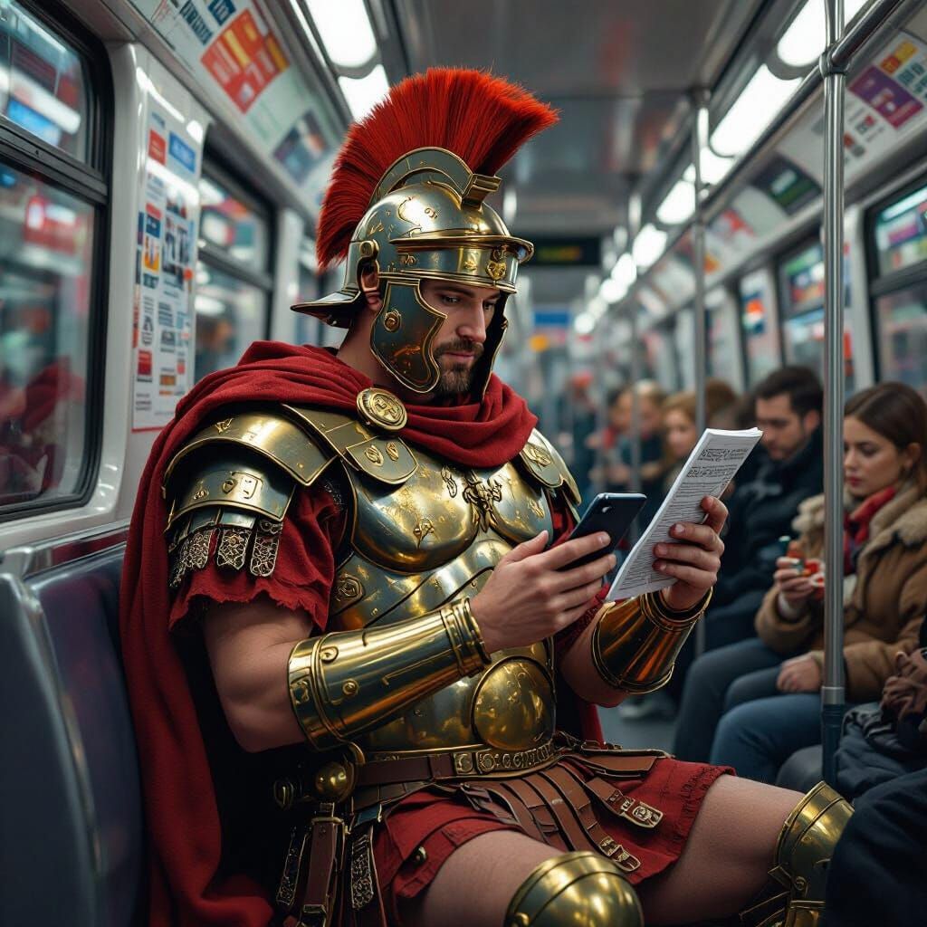 Roman Centurion Reads News on Smartphone in Tram