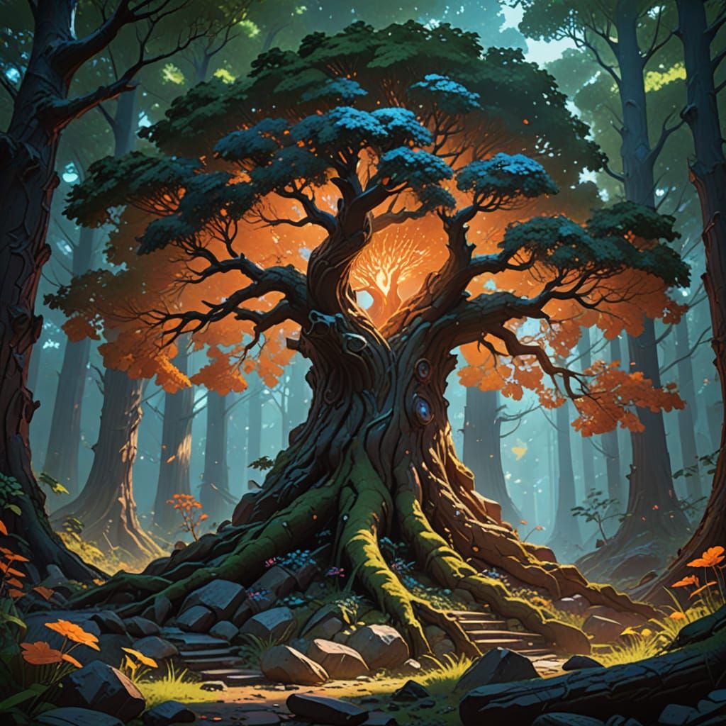 Majestic Tree in Surreal Pop Art Forest