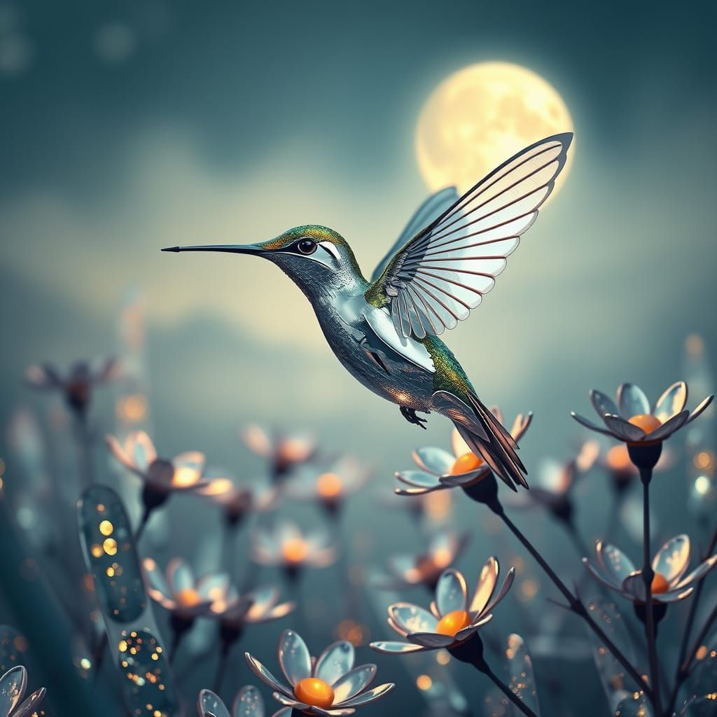Chrome Hummingbird in Moonlit Arctic Garden