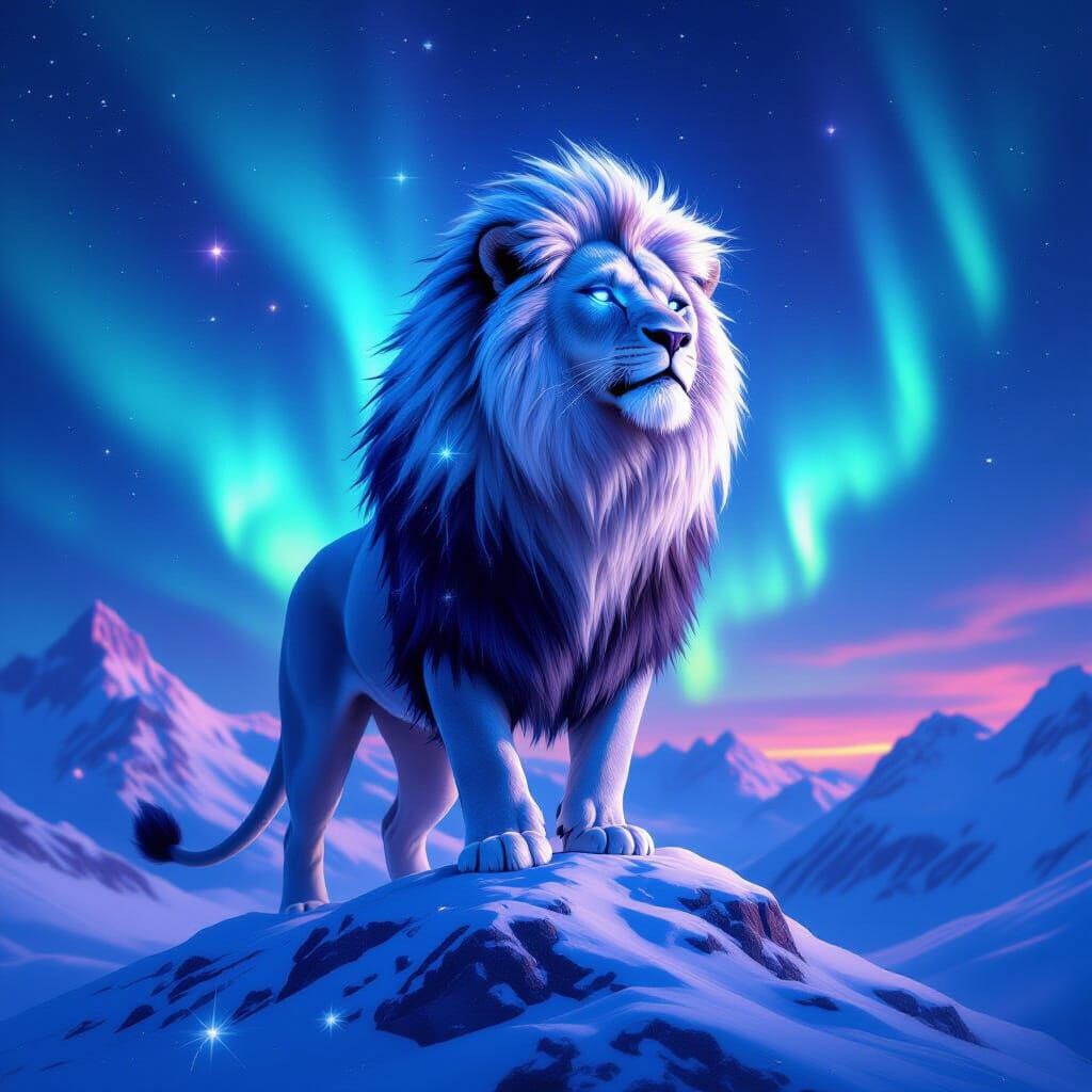 A majestic lion with a mane of pure starlight, standing atop a snow-capped mountain under a swirling aurora borealis. Th...