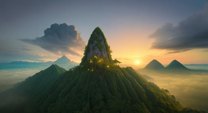 Gunung Padang Pyramid in Equatorial Meadow, Colorful Paintin...