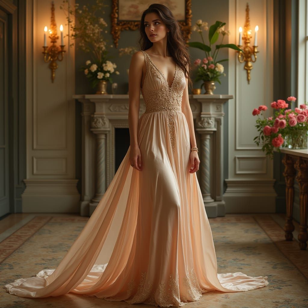 Elegant Woman in Silk Gown, Art Nouveau Style