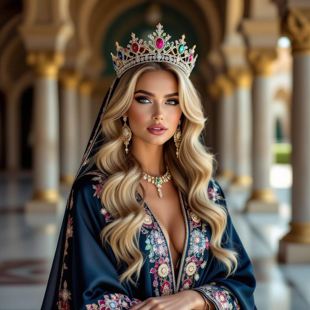 Majestic Blonde Model in Luxurious Abaya, Photorealistic