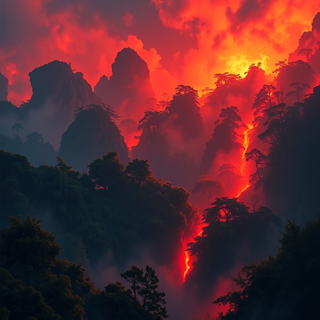 Majestic Rainforest Ablaze in Fiery Red Tones