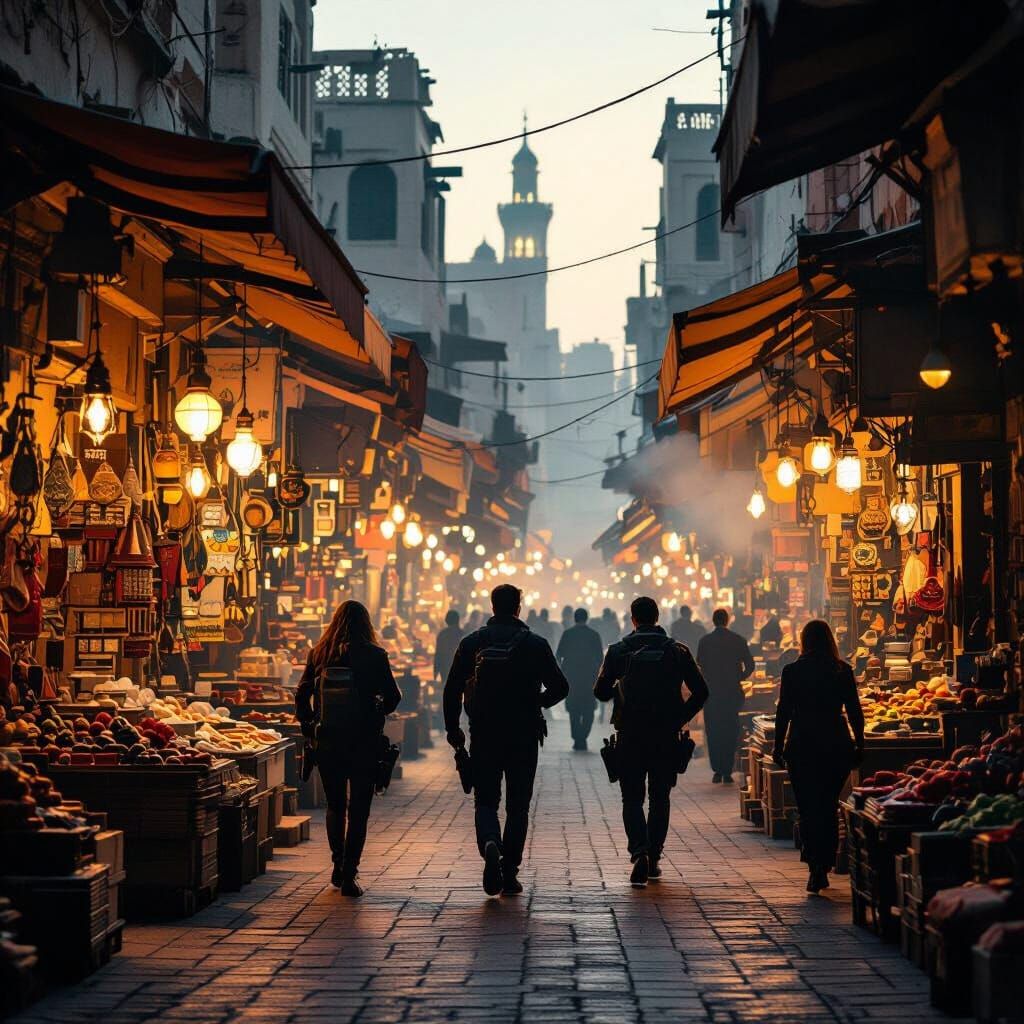 Middle Eastern Market Spy Thriller Scene at Dusk