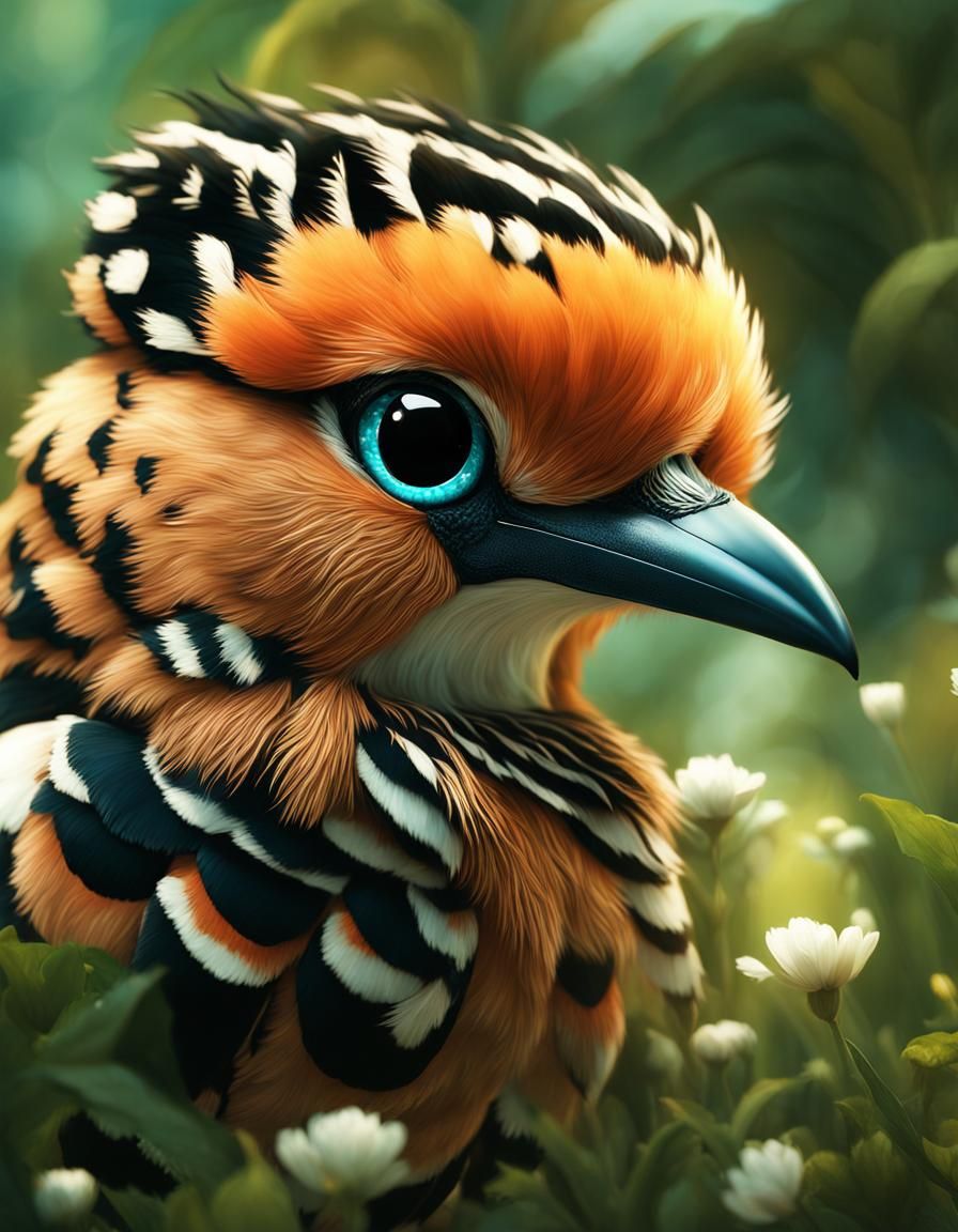 Chibi Hoopoe in Garden with Intricate Details