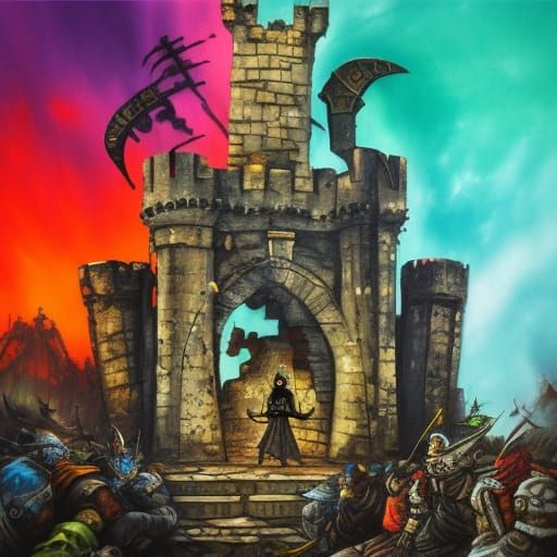 Medieval Castle Ruins with Hell Swordsman in Graffiti Art
