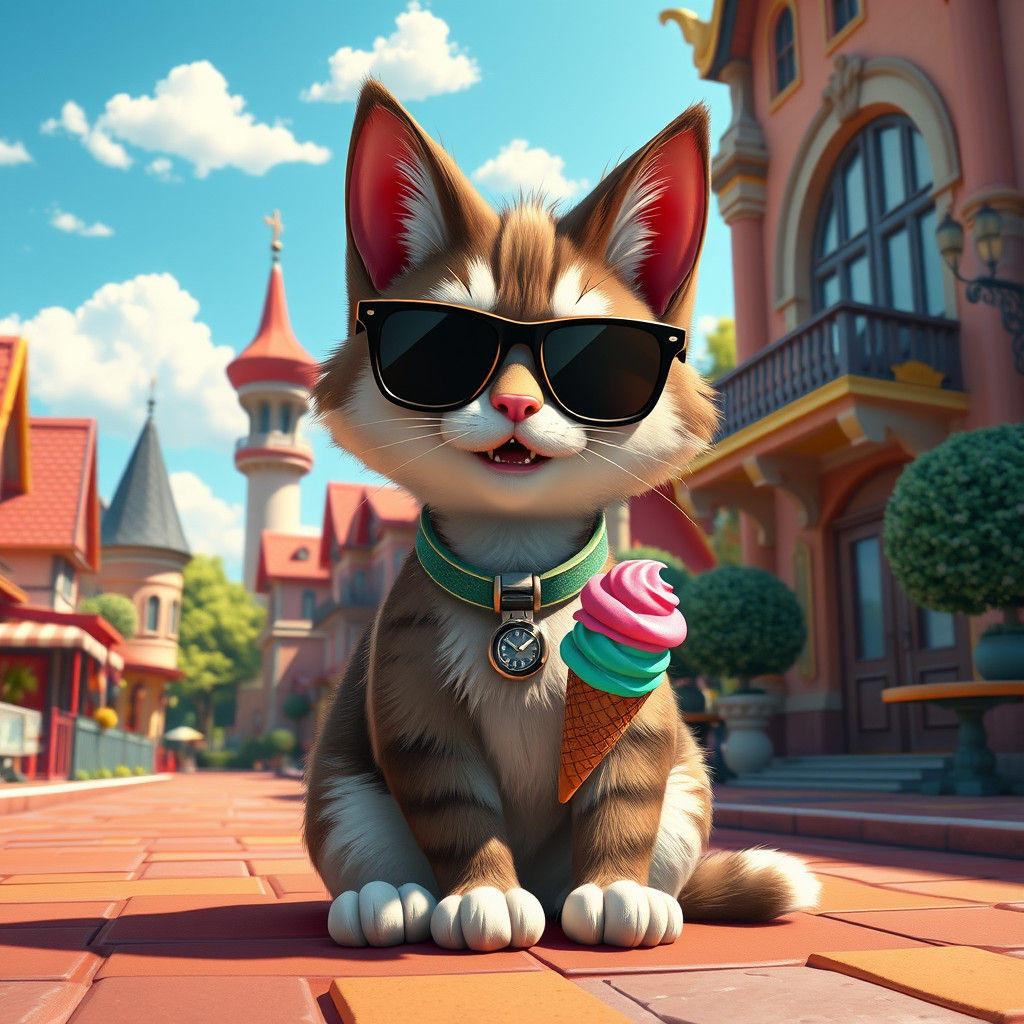 Cat with Ice Cream in Dreamlike Cityscape