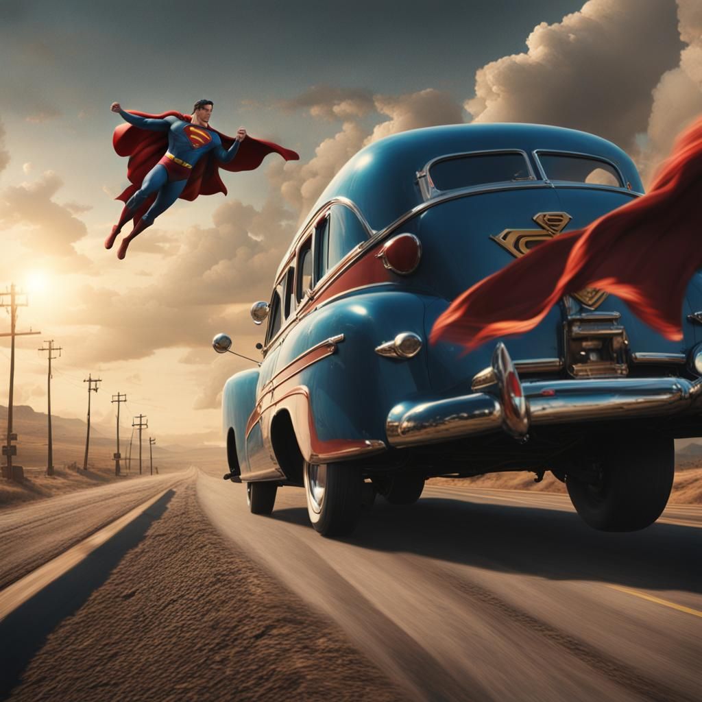 Superman flying while holding Lois Lane, traveling on Route ...