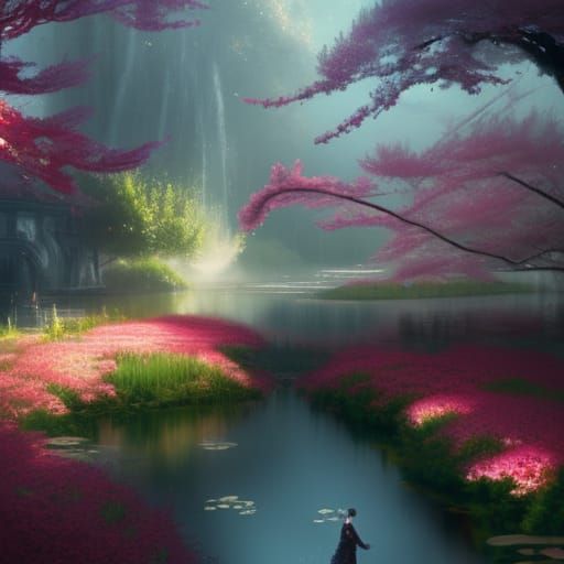 Gothic Water Garden in Crimson Sakura Forest